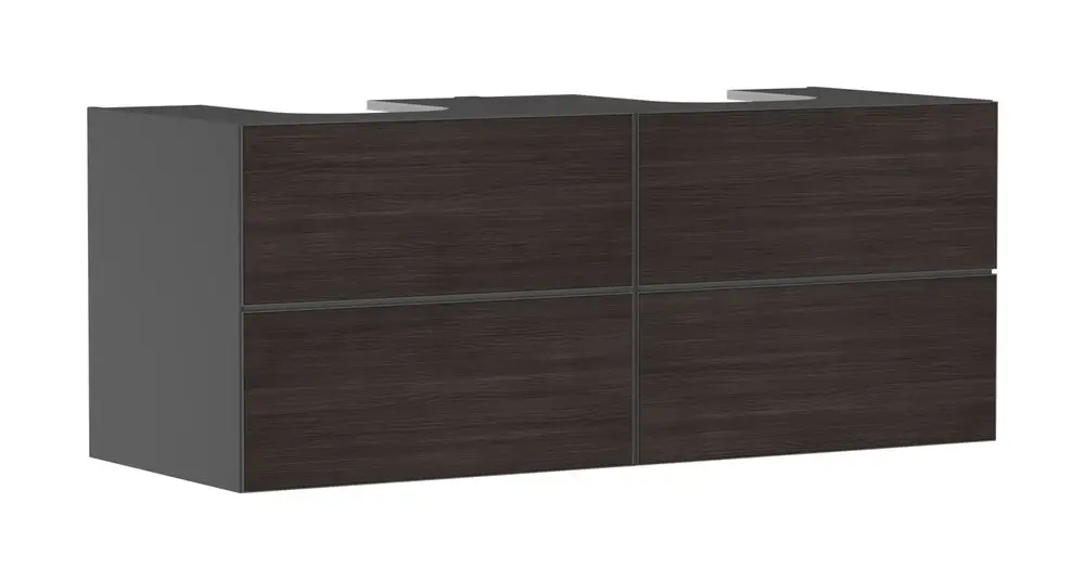 Schwarzer Waschtischunterschrank mit vier Schubladen, passend für zwei Aufsatzwaschtische, von Hansgrohe, schlichtes Design ohne sichtbare Griffe.